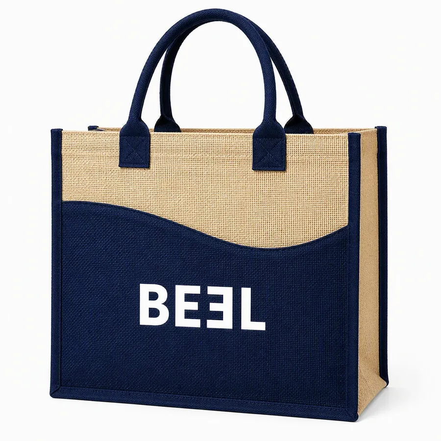 Two-tone jute tote bag with padded handles