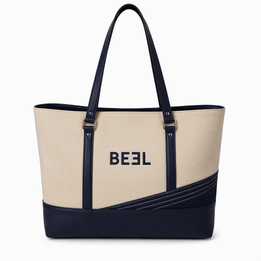 Designer Tote Bag - Beige & Navy