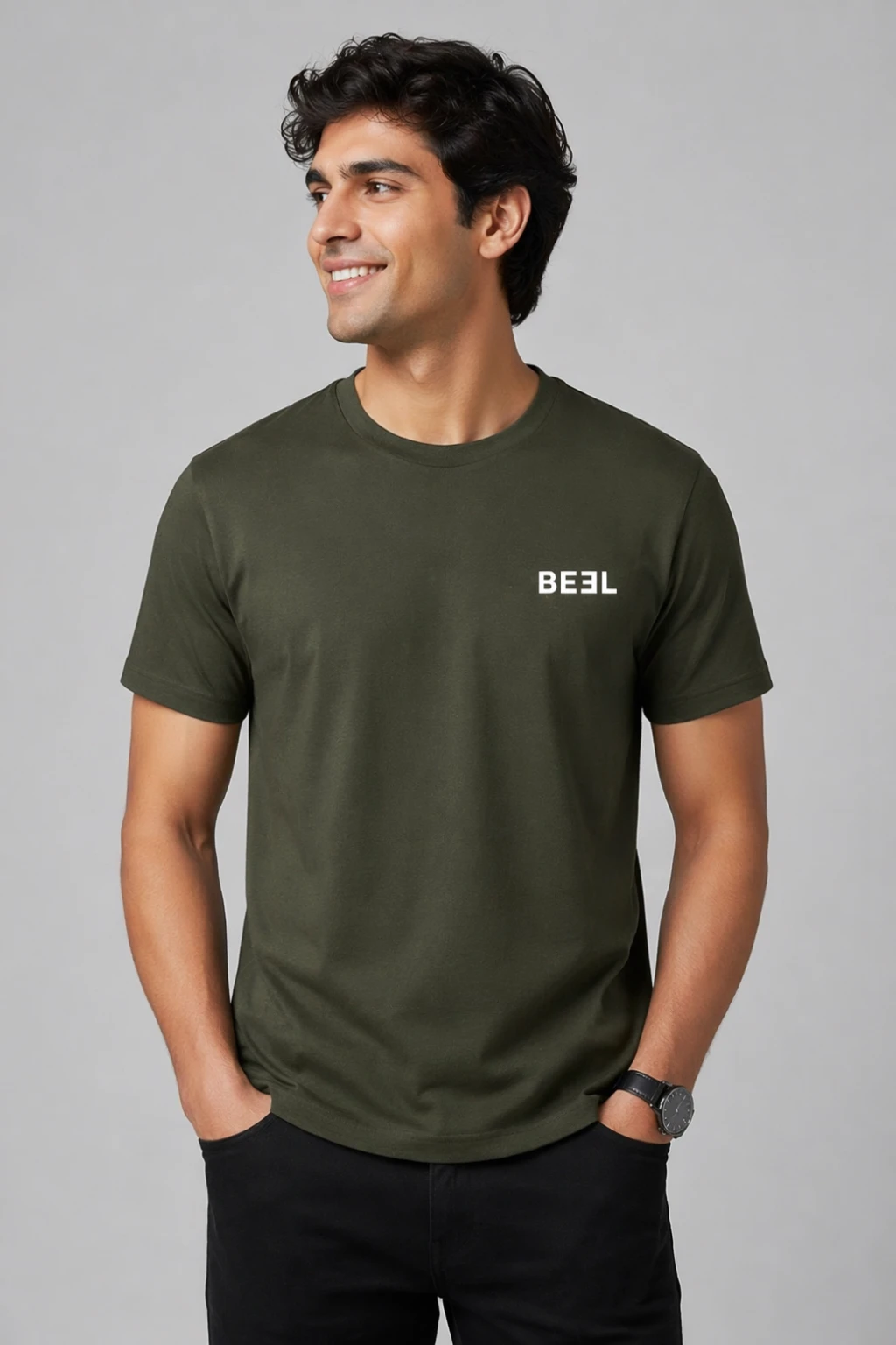 Olive round-neck T-shirt with BEEL logo