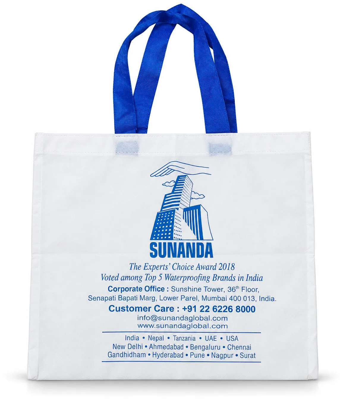 White Non-Woven Bag with Blue Handles – Front view