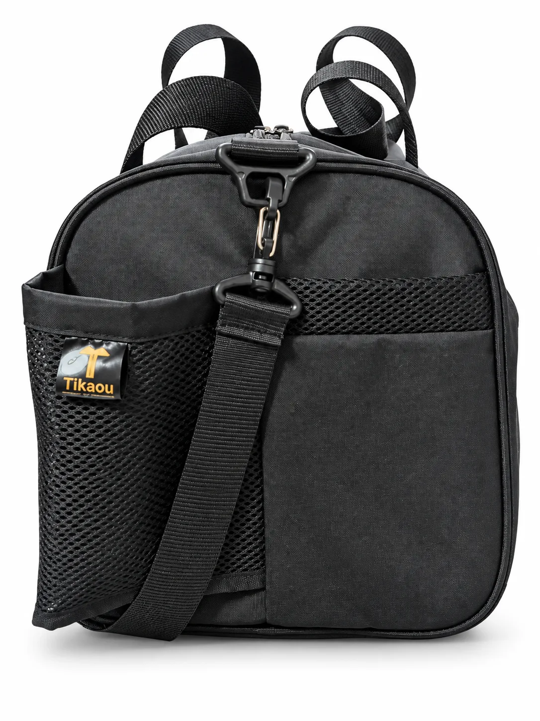 Black Duffel with Bottle Pocket – Side Strap view