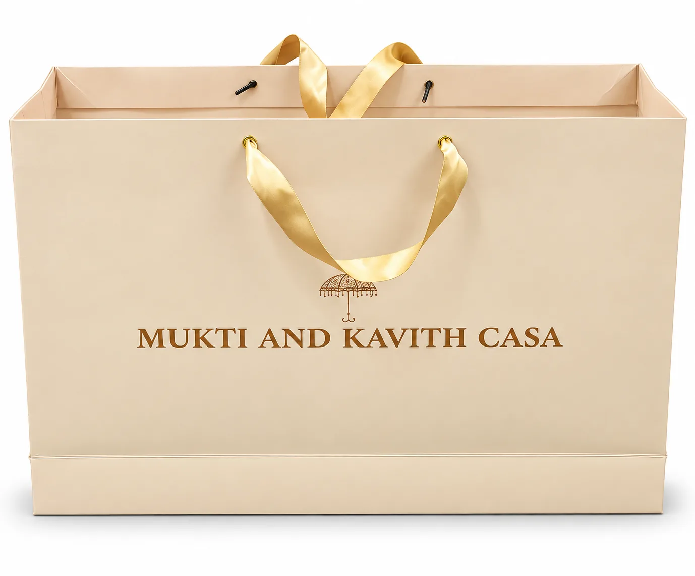 Cream Paper Bag with Gold Ribbon Handles – Front view