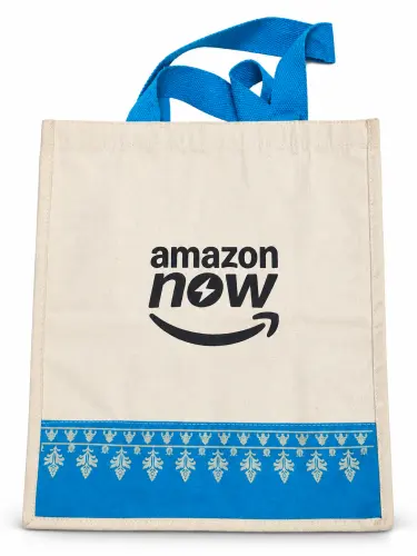 Natural Tote with Blue Handles and Border Print